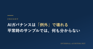AIガバナンス監査の要点を1枚にまとめた図。経営は98%がポリシーを整備しながら約半数が緊急導入で適用せず、監査委員会は75%が優先課題に挙げながら監督に自信があるのは56%。壊れるのは平常時ではなく例外時で、26%は無許可AIエージェントを検知できない。