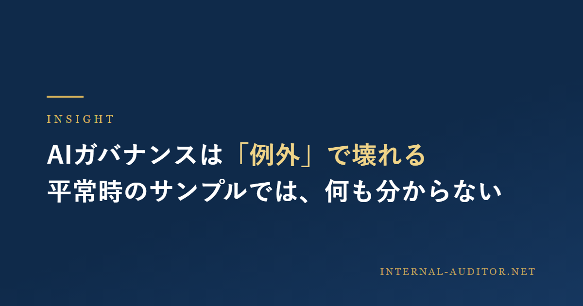 AIガバナンス監査の要点を1枚にまとめた図。経営は98%がポリシーを整備しながら約半数が緊急導入で適用せず、監査委員会は75%が優先課題に挙げながら監督に自信があるのは56%。壊れるのは平常時ではなく例外時で、26%は無許可AIエージェントを検知できない。